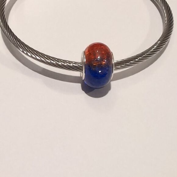 Silver Two Tone "Crushed Glass" Blue and Orange Charm for Pandora Style Bracelet - Picture 3 of 6